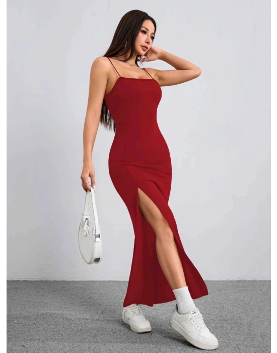 Kadın Ip Askılı Yandan Yırtmaçlı Janjan Krep Elbise