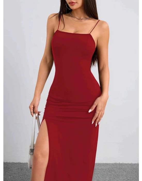 Kadın Ip Askılı Yandan Yırtmaçlı Janjan Krep Elbise