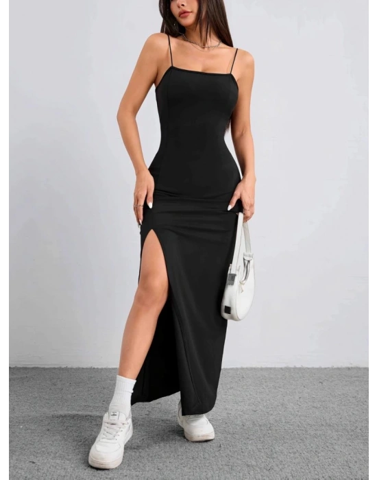 Kadın Ip Askılı Yandan Yırtmaçlı Janjan Krep Elbise