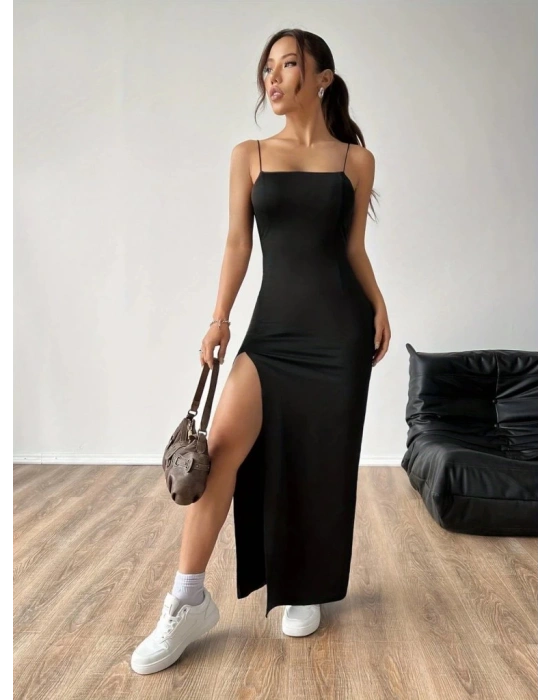 Kadın Ip Askılı Yandan Yırtmaçlı Janjan Krep Elbise