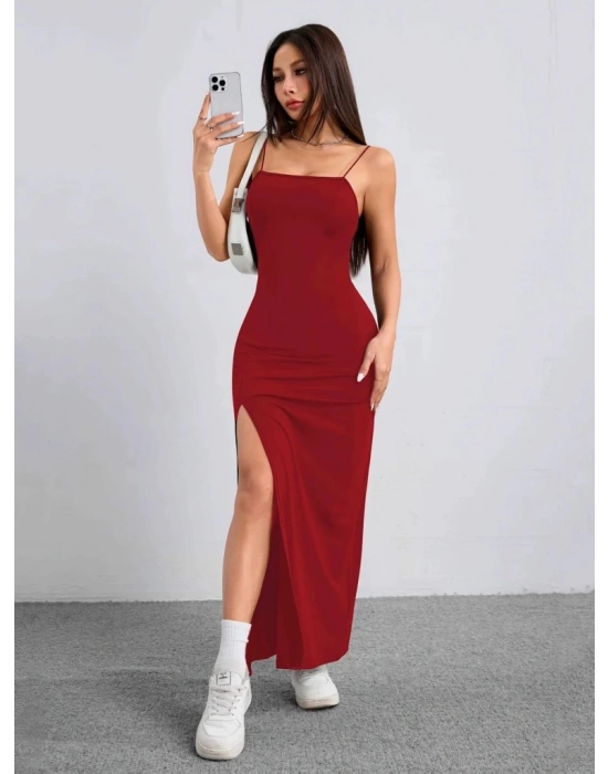 Kadın Ip Askılı Yandan Yırtmaçlı Janjan Krep Elbise