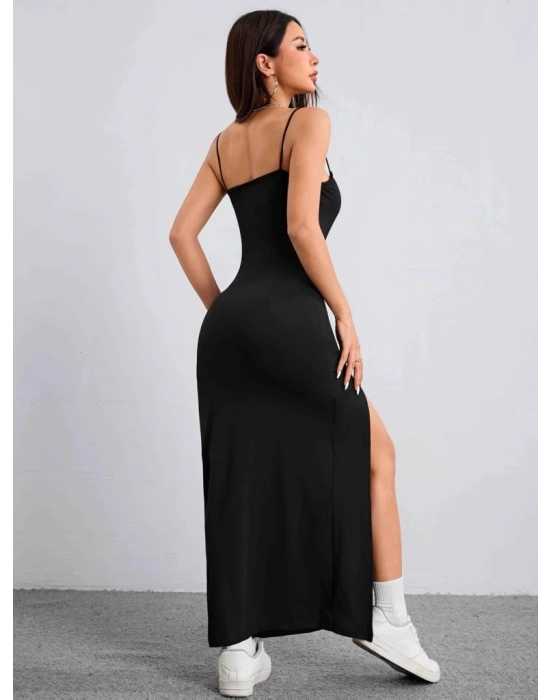 Kadın Ip Askılı Yandan Yırtmaçlı Janjan Krep Elbise