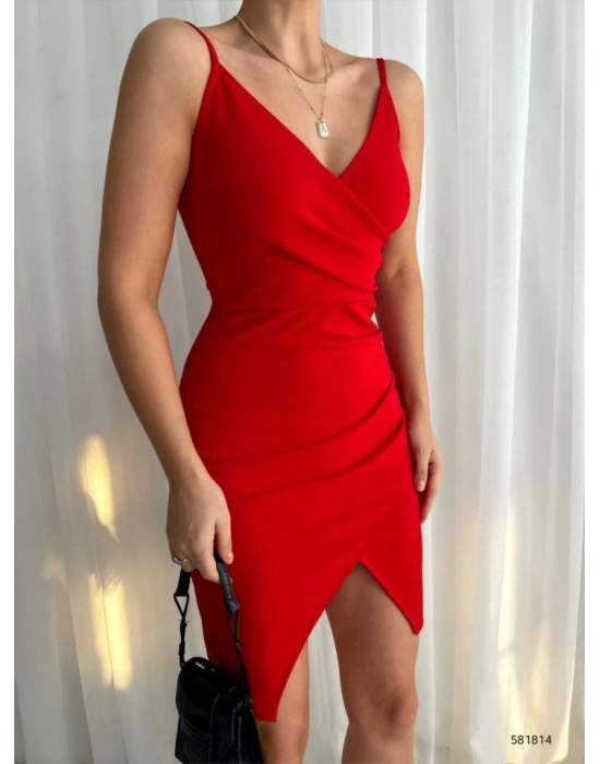 Kadın İp Askılı Yırtmaçlı Büzgülü Elbise