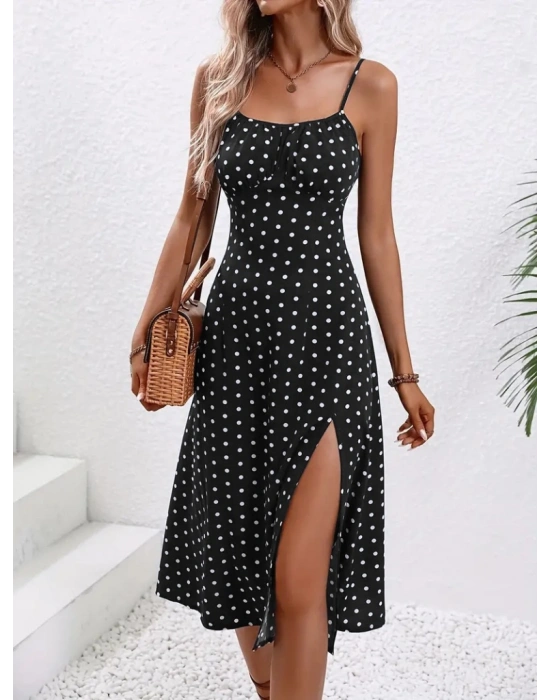 Kadın Ip Askılı Yuvarlak Yaka Puantiyeli Yırtmaçlı Midi Süprem Elbise