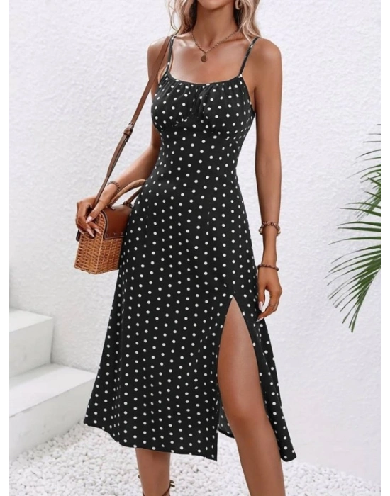 Kadın Ip Askılı Yuvarlak Yaka Puantiyeli Yırtmaçlı Midi Süprem Elbise