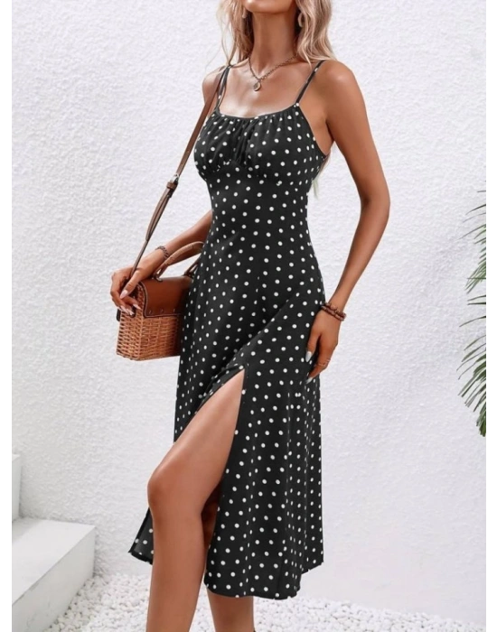 Kadın Ip Askılı Yuvarlak Yaka Puantiyeli Yırtmaçlı Midi Süprem Elbise