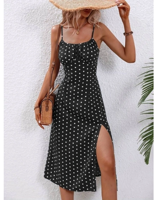 Kadın Ip Askılı Yuvarlak Yaka Puantiyeli Yırtmaçlı Midi Süprem Elbise