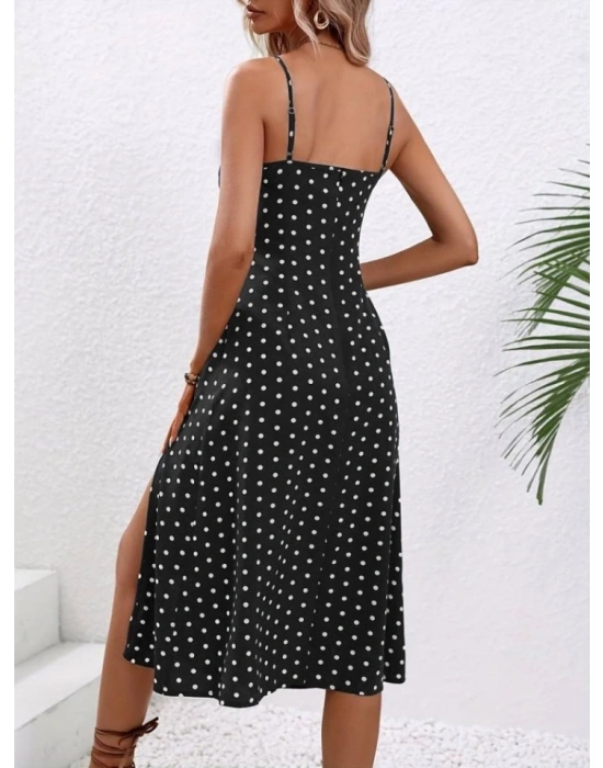 Kadın Ip Askılı Yuvarlak Yaka Puantiyeli Yırtmaçlı Midi Süprem Elbise