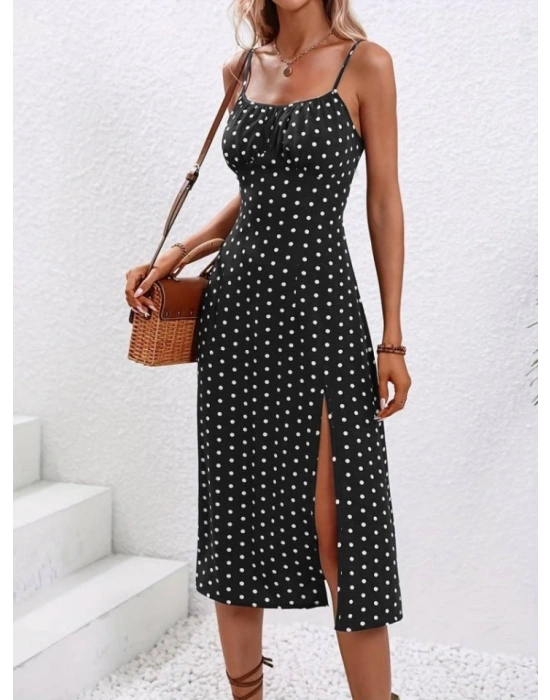 Kadın Ip Askılı Yuvarlak Yaka Puantiyeli Yırtmaçlı Midi Süprem Elbise