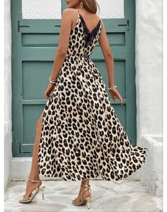 Kadın Ip Askılı Yuvarlak Yakalı Arkası V Yakalı Yırtmaçlı Uzun Leopar Desenli Süprem Elbise