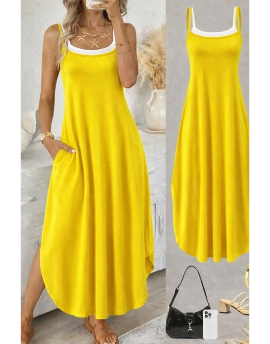 Kadın Ip Askılı Yuvarlak Yakalı Cepli Uzun Viskon Elbise