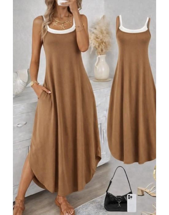 Kadın Ip Askılı Yuvarlak Yakalı Cepli Uzun Viskon Elbise