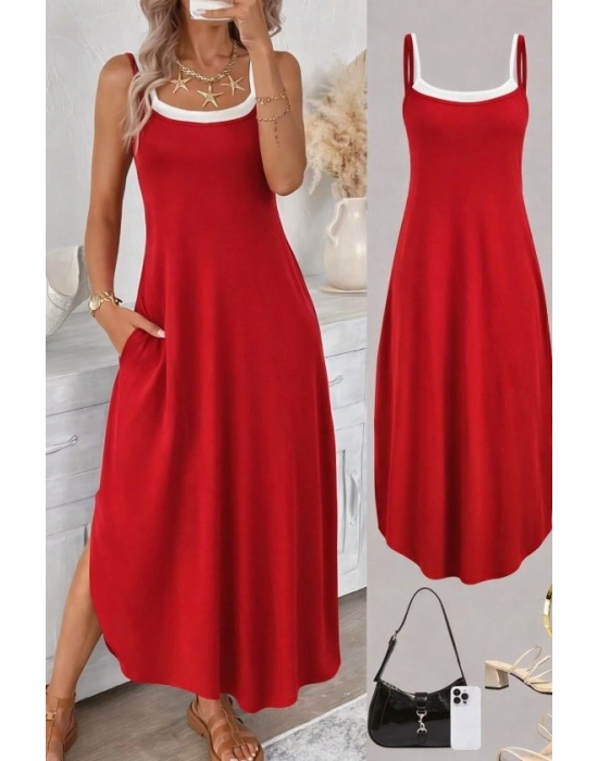 Kadın Ip Askılı Yuvarlak Yakalı Cepli Uzun Viskon Elbise