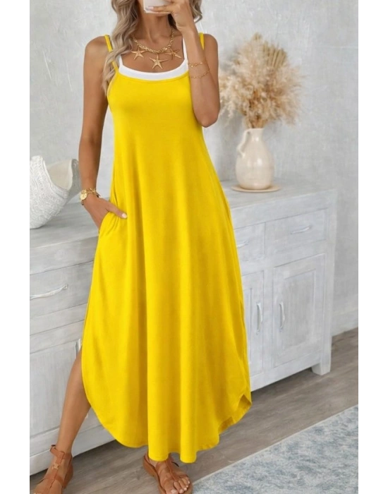 Kadın Ip Askılı Yuvarlak Yakalı Cepli Uzun Viskon Elbise