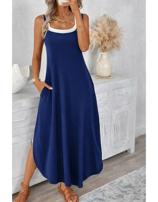 Kadın Ip Askılı Yuvarlak Yakalı Cepli Uzun Viskon Elbise