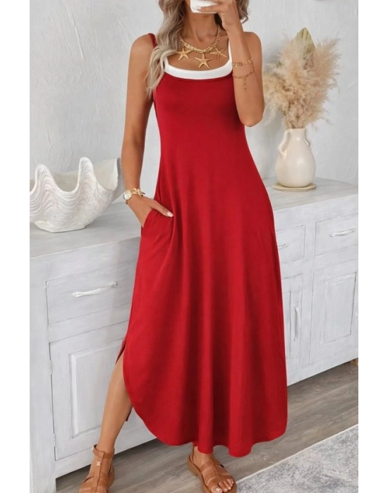 Kadın Ip Askılı Yuvarlak Yakalı Cepli Uzun Viskon Elbise