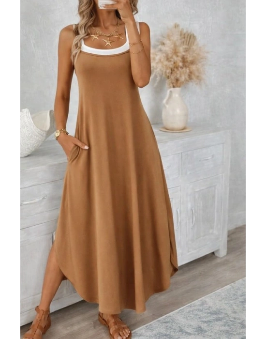 Kadın Ip Askılı Yuvarlak Yakalı Cepli Uzun Viskon Elbise