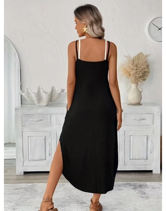 Kadın Ip Askılı Yuvarlak Yakalı Cepli Uzun Viskon Elbise