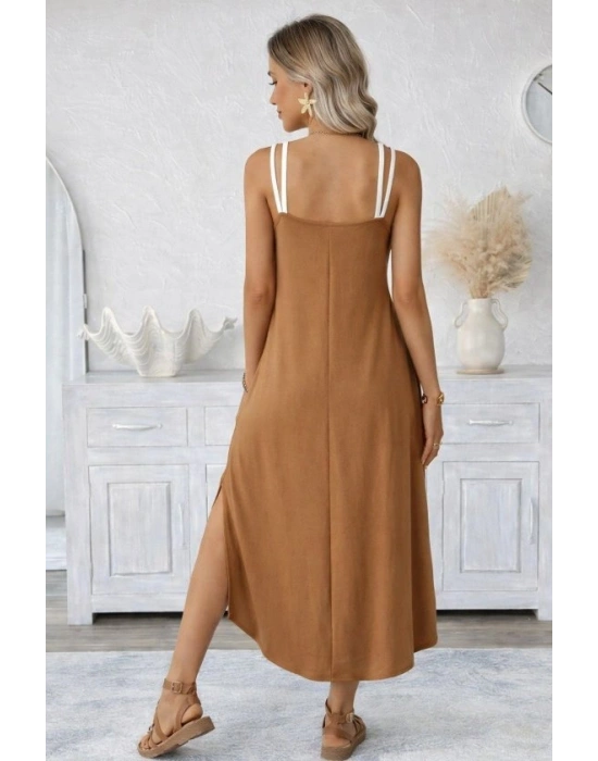 Kadın Ip Askılı Yuvarlak Yakalı Cepli Uzun Viskon Elbise