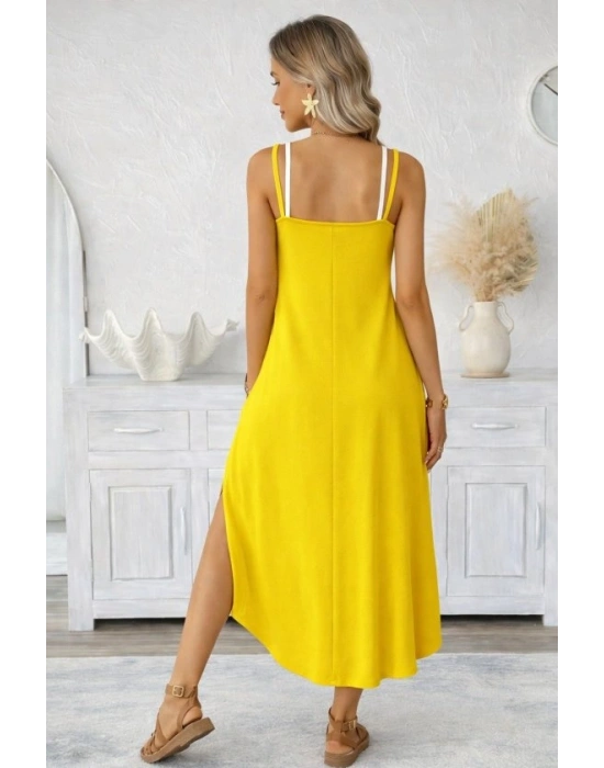 Kadın Ip Askılı Yuvarlak Yakalı Cepli Uzun Viskon Elbise