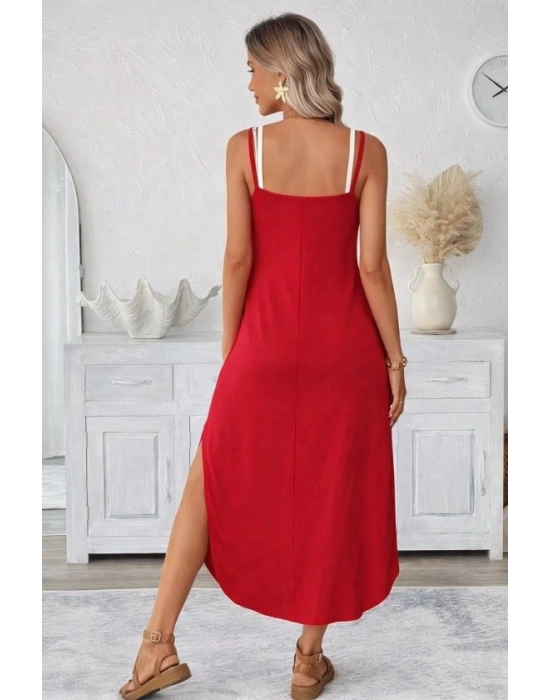 Kadın Ip Askılı Yuvarlak Yakalı Cepli Uzun Viskon Elbise