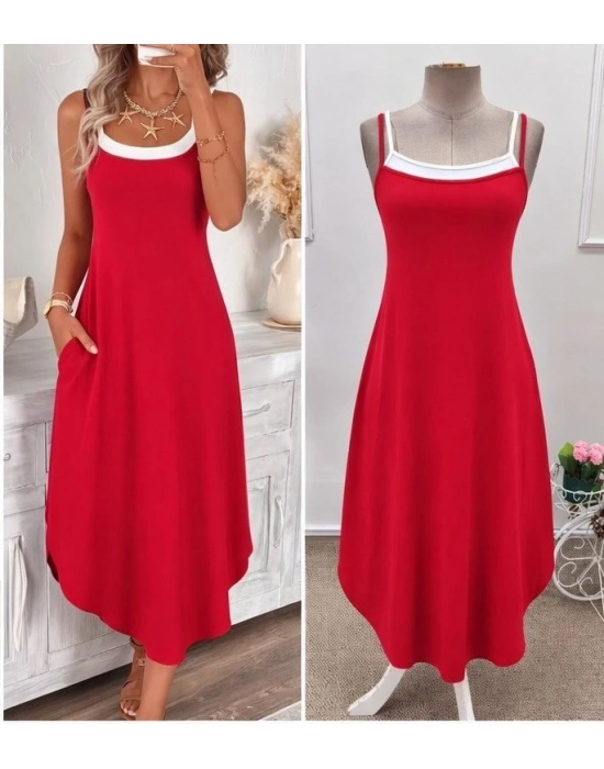 Kadın Ip Askılı Yuvarlak Yakalı Cepli Uzun Viskon Elbise