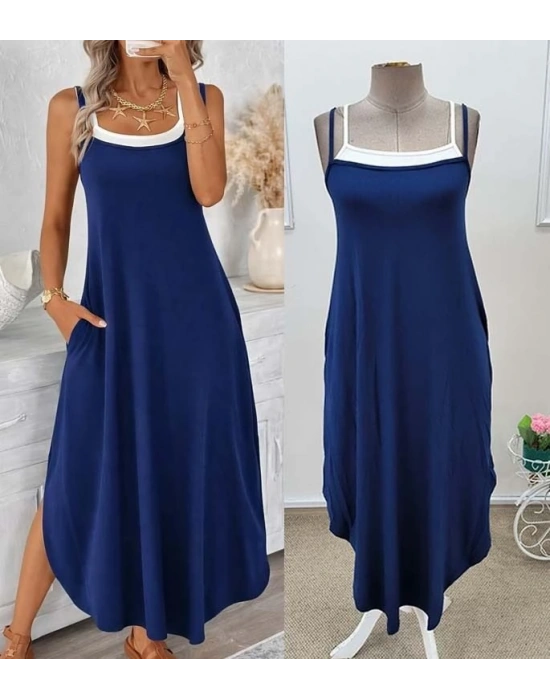 Kadın Ip Askılı Yuvarlak Yakalı Cepli Uzun Viskon Elbise