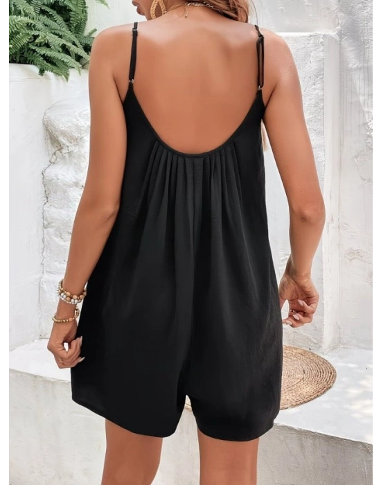 Kadın Ip Askılı Yuvarlak Yakalı Pileli Kısa Arobin Tulum