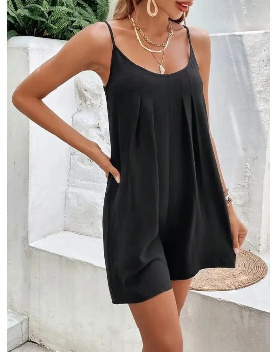 Kadın Ip Askılı Yuvarlak Yakalı Pileli Viskon Tulum