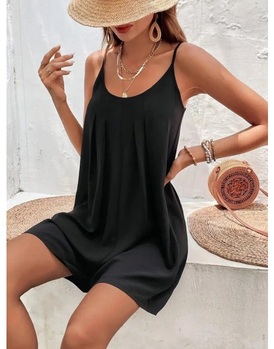 Kadın Ip Askılı Yuvarlak Yakalı Pileli Viskon Tulum