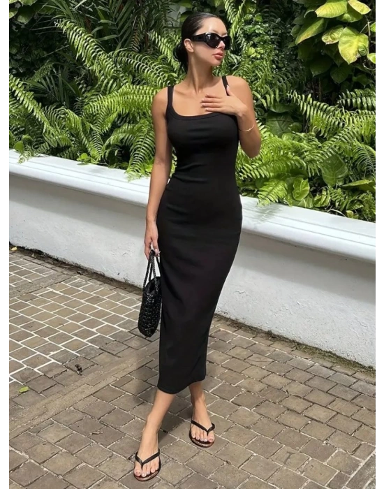 Kadın Ip Askılı Yuvarlak Yakalı Yırtmaçlı Midi Kaşkorse Elbise