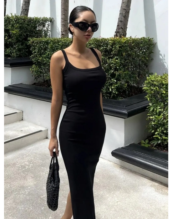 Kadın Ip Askılı Yuvarlak Yakalı Yırtmaçlı Midi Kaşkorse Elbise