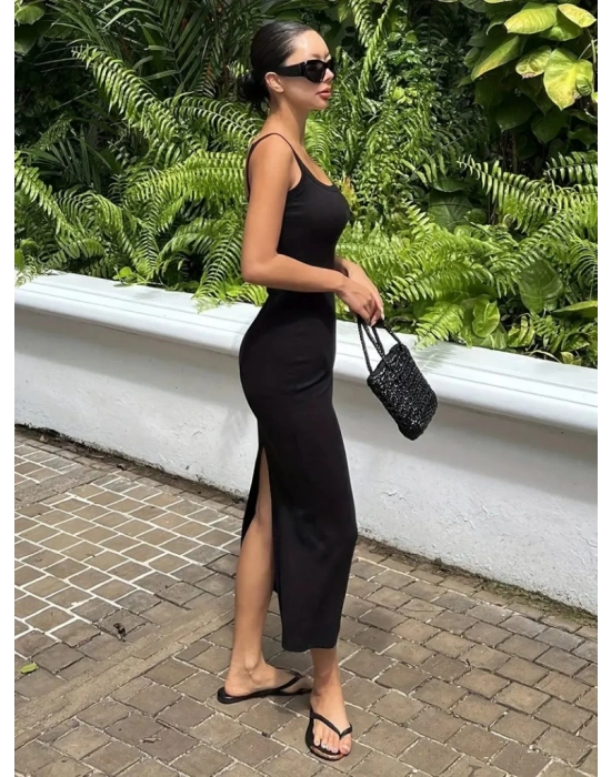 Kadın Ip Askılı Yuvarlak Yakalı Yırtmaçlı Midi Kaşkorse Elbise