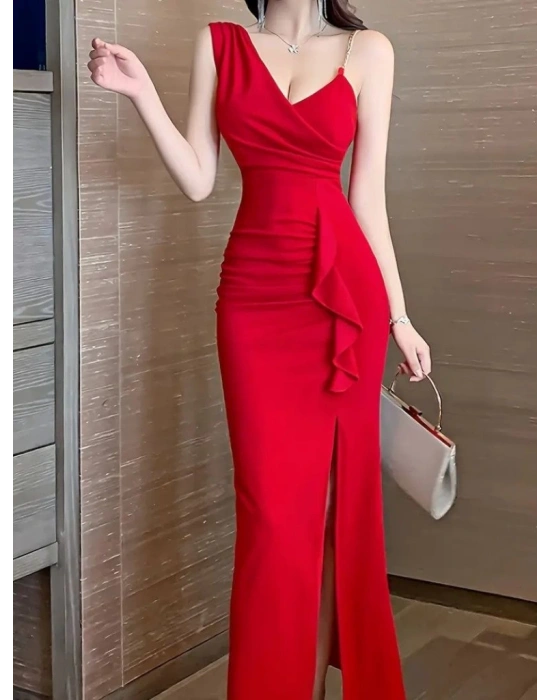 Kadın Ip Zincir Askılı Kruvaze Yakalı önden Fırfırlı Yırtmaçlı Janjan Krep Elbise