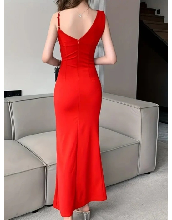 Kadın Ip Zincir Askılı Kruvaze Yakalı önden Fırfırlı Yırtmaçlı Janjan Krep Elbise