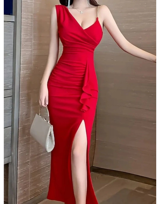 Kadın Ip Zincir Askılı Kruvaze Yakalı önden Fırfırlı Yırtmaçlı Janjan Krep Elbise