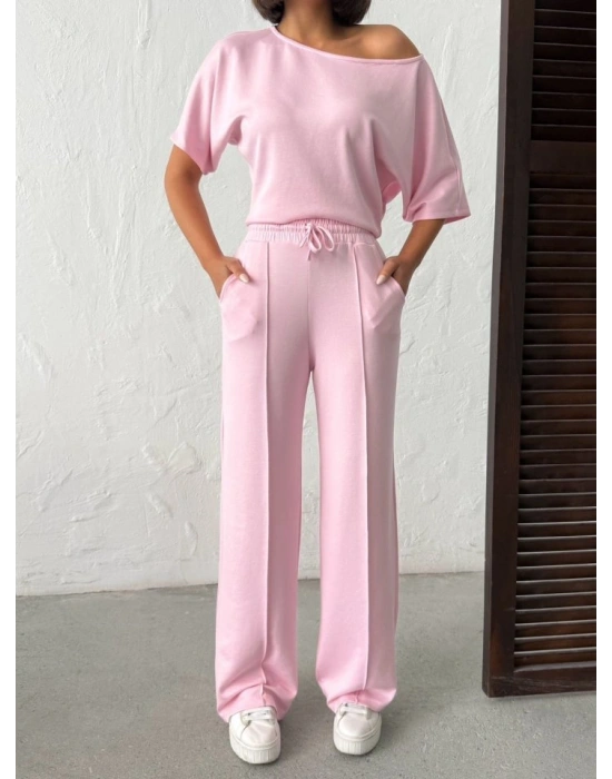 Kadın İsa Kollu Kayık Yaka Bluz Ve Pantolon isal Kumaş Ikili Takım