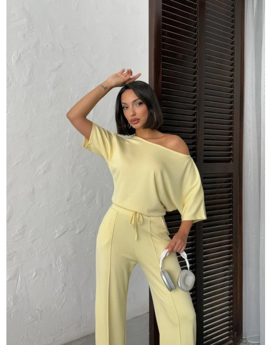 Kadın İsa Kollu Kayık Yaka Bluz Ve Pantolon Misal Kumaş Ikili Takım