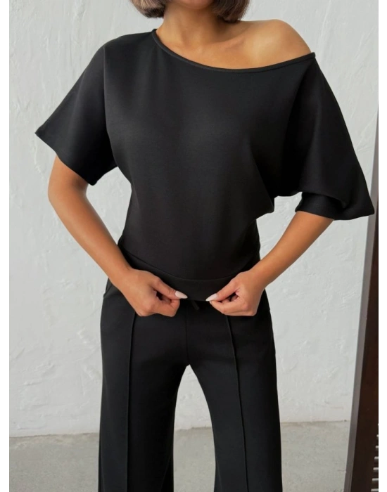 Kadın İsa Kollu Kayık Yaka Bluz Ve Pantolon isal Kumaş Ikili Takım