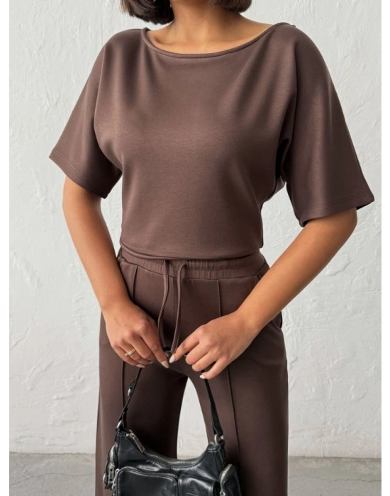 Kadın İsa Kollu Kayık Yaka Bluz Ve Pantolon isal Kumaş Ikili Takım