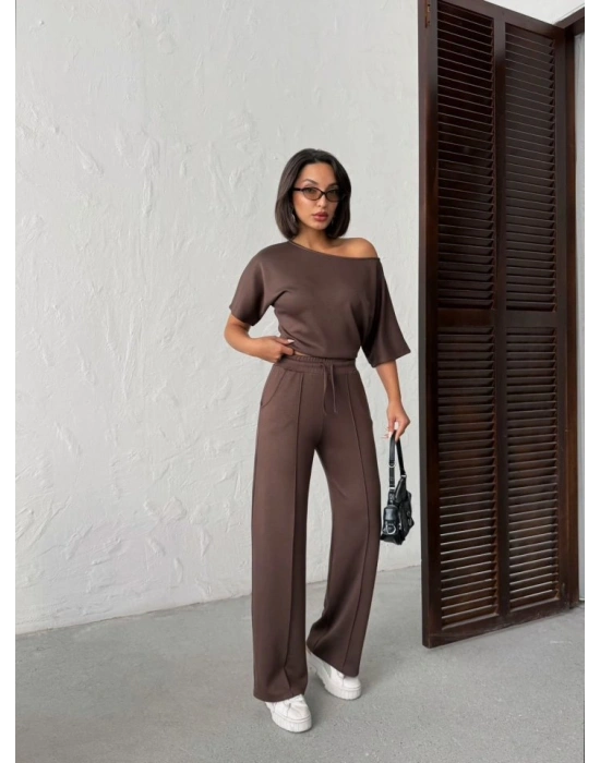 Kadın İsa Kollu Kayık Yaka Bluz Ve Pantolon isal Kumaş Ikili Takım