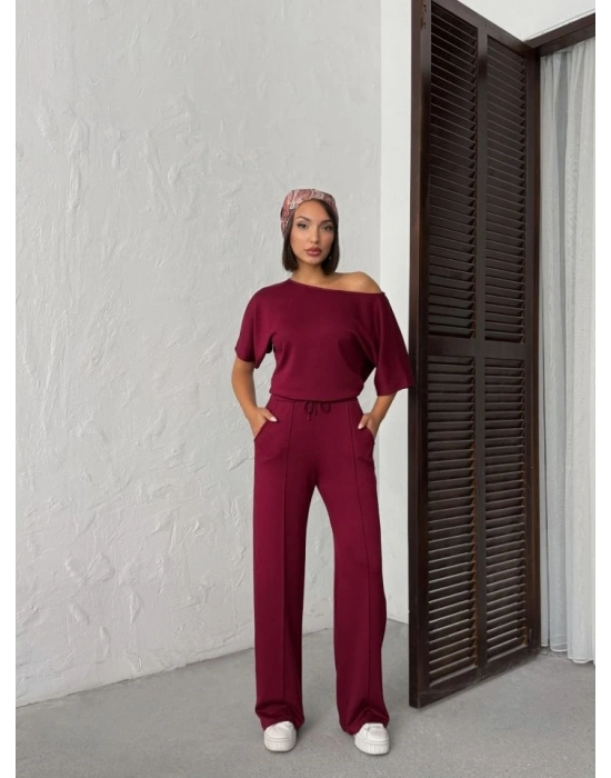 Kadın İsa Kollu Kayık Yaka Bluz Ve Pantolon Misal Kumaş Ikili Takım