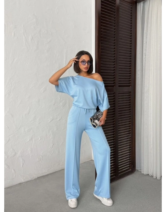 Kadın İsa Kollu Kayık Yaka Bluz Ve Pantolon Misal Kumaş Ikili Takım