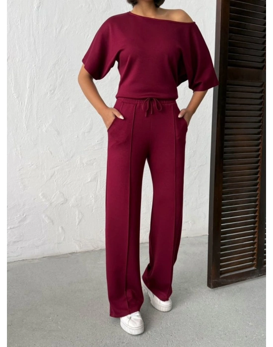 Kadın İsa Kollu Kayık Yaka Bluz Ve Pantolon Misal Kumaş Ikili Takım