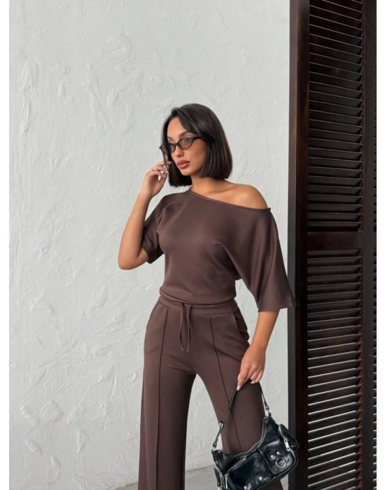 Kadın İsa Kollu Kayık Yaka Bluz Ve Pantolon isal Kumaş Ikili Takım