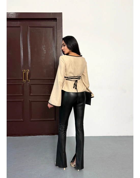 Kadın İspanyol Kol Arkası Bağcık Ip Detay Keten Bluz