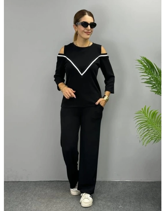 Kadın Ithal Burgu Kumaş Uzun Kollu Omuz Dekolteli Bluz Ve Pantolon Ikili Takım