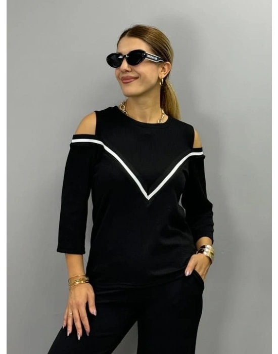 Kadın Ithal Burgu Kumaş Uzun Kollu Omuz Dekolteli Bluz Ve Pantolon Ikili Takım