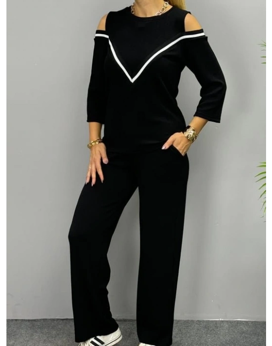 Kadın Ithal Burgu Kumaş Uzun Kollu Omuz Dekolteli Bluz Ve Pantolon Ikili Takım