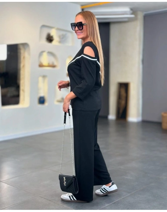 Kadın Ithal Burgu Kumaş Uzun Kollu Omuz Dekolteli Bluz Ve Pantolon Ikili Takım